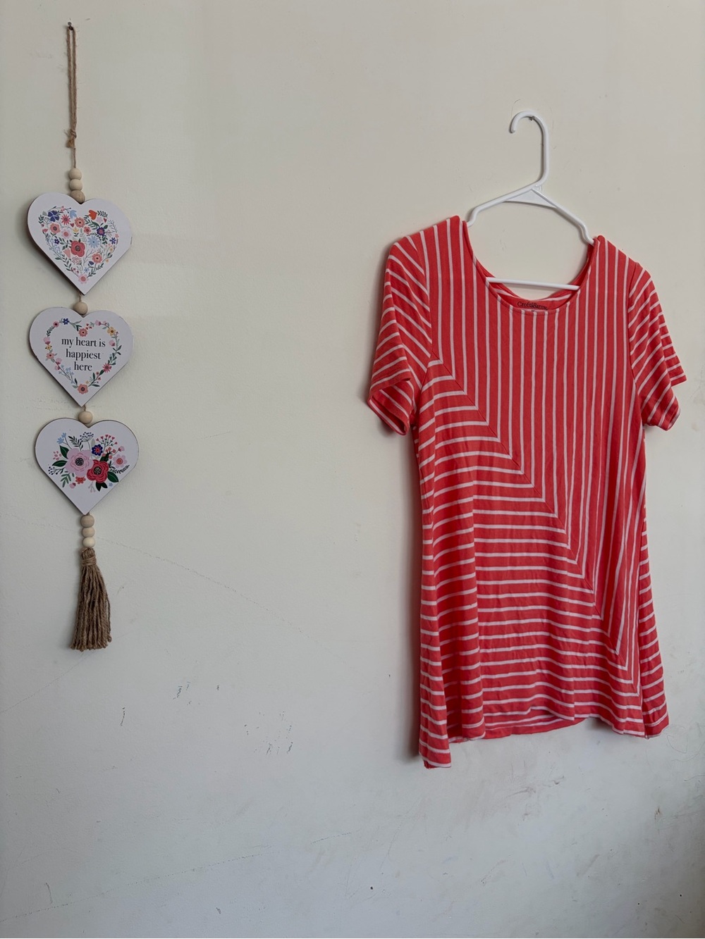 Croft & Barrow Coral Pink White Striped Shirt Sleeve Soft Casual Women’s M Top